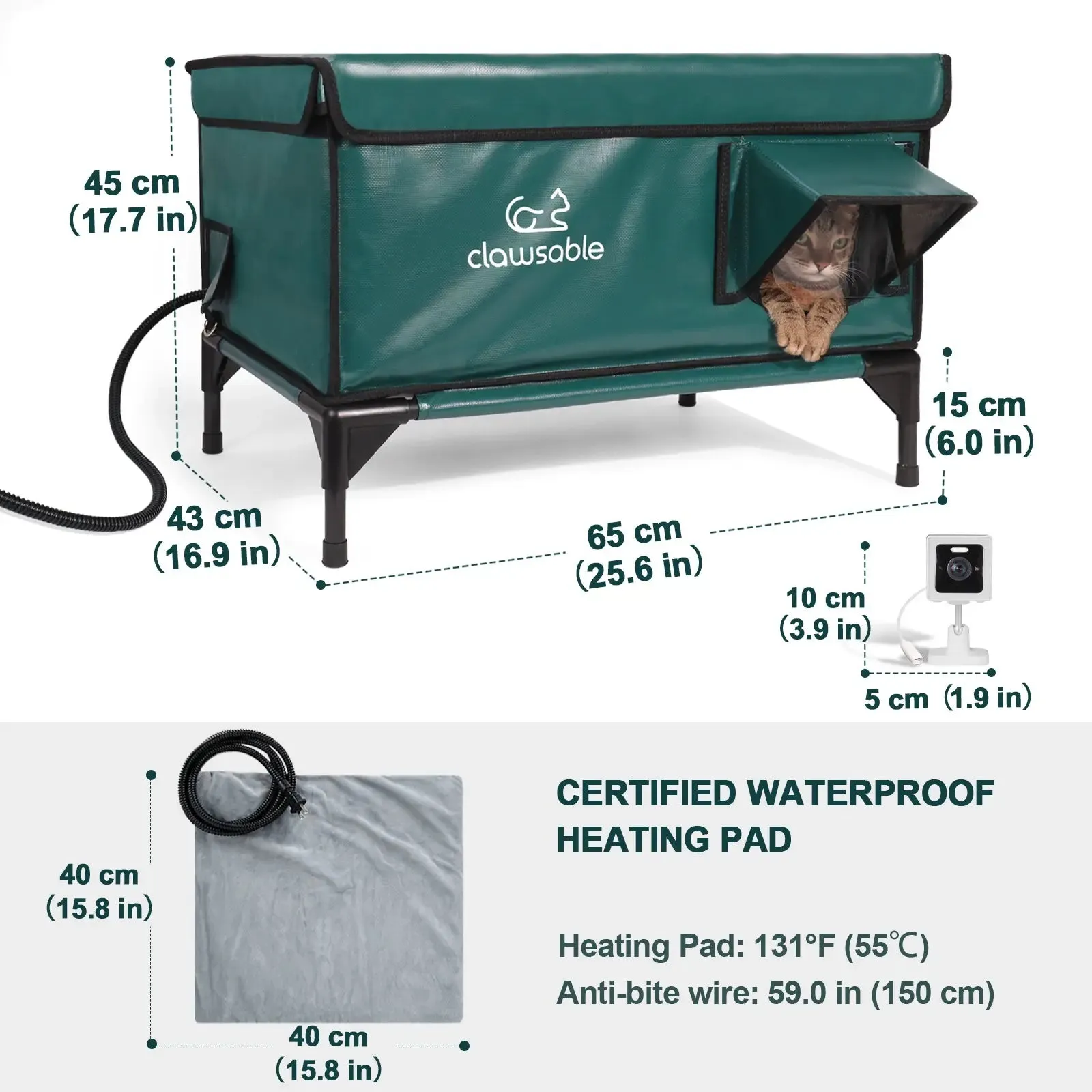2-Door Lift-Top Elevated Heated Outdoor Cat House Large with CCTV