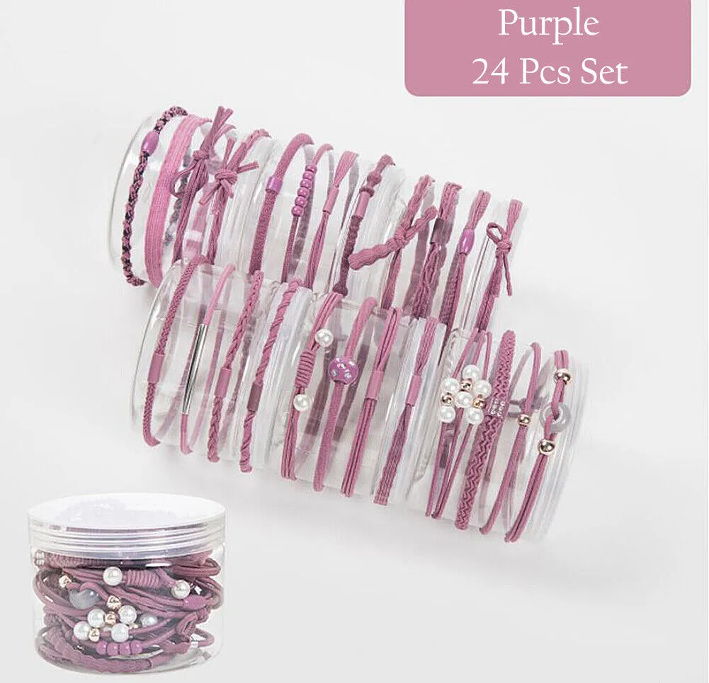 24 Pcs Set Korean Women Elastic Ponytail Holder Rope Hair Tie Ring Hairband Band