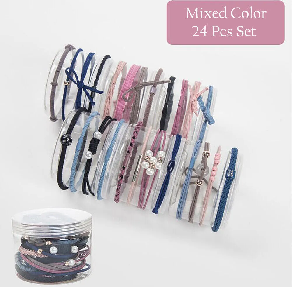 24 Pcs Set Korean Women Elastic Ponytail Holder Rope Hair Tie Ring Hairband Band