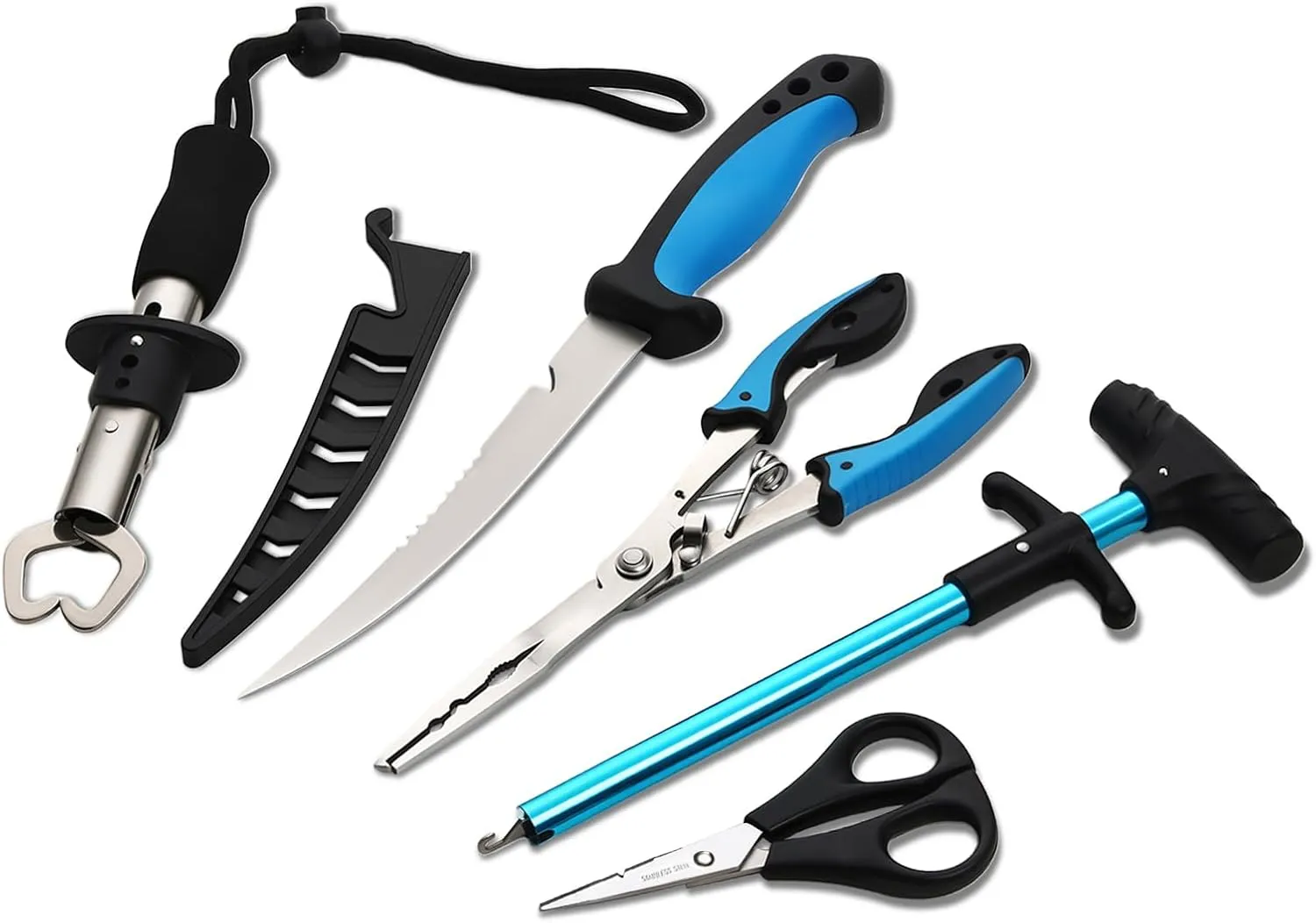 5pc Fishing Tool Kits - Fishing Pliers, Fillet Knife with Sheath, Stainless Steel Fish Lip Gripper, Fishing Hook Remover and Big Horse Fishing Scissor Line Cutter