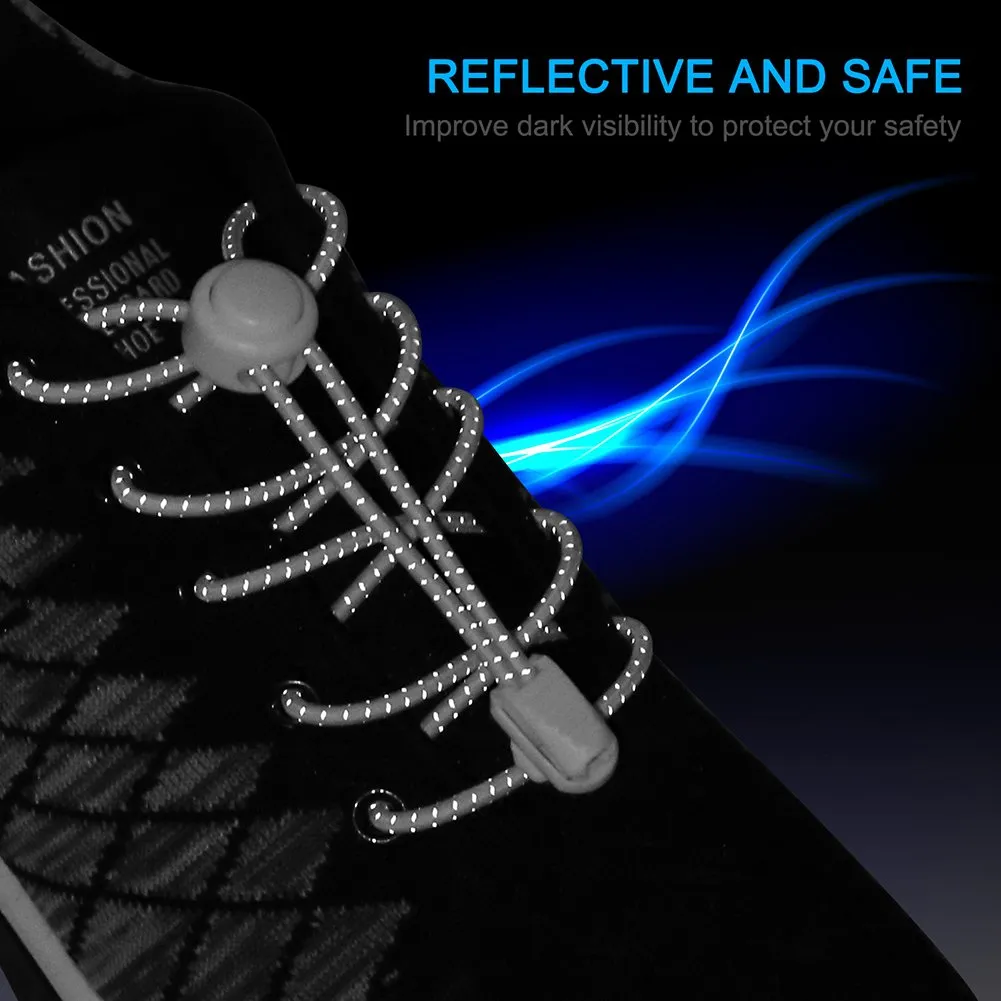 AMLY Elastic No Tie Shoelaces - 4 Pairs, Upgraded Lock, Heavy Duty Reflective Shoe Laces for Kids and Adults Black- Navy Blue-green-neon Orange