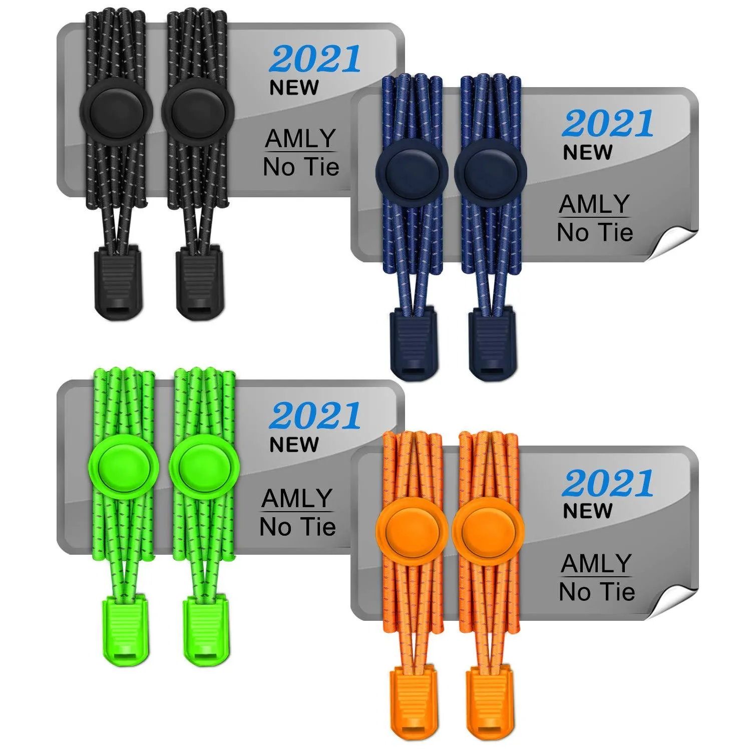 AMLY Elastic No Tie Shoelaces - 4 Pairs, Upgraded Lock, Heavy Duty Reflective Shoe Laces for Kids and Adults Black- Navy Blue-green-neon Orange
