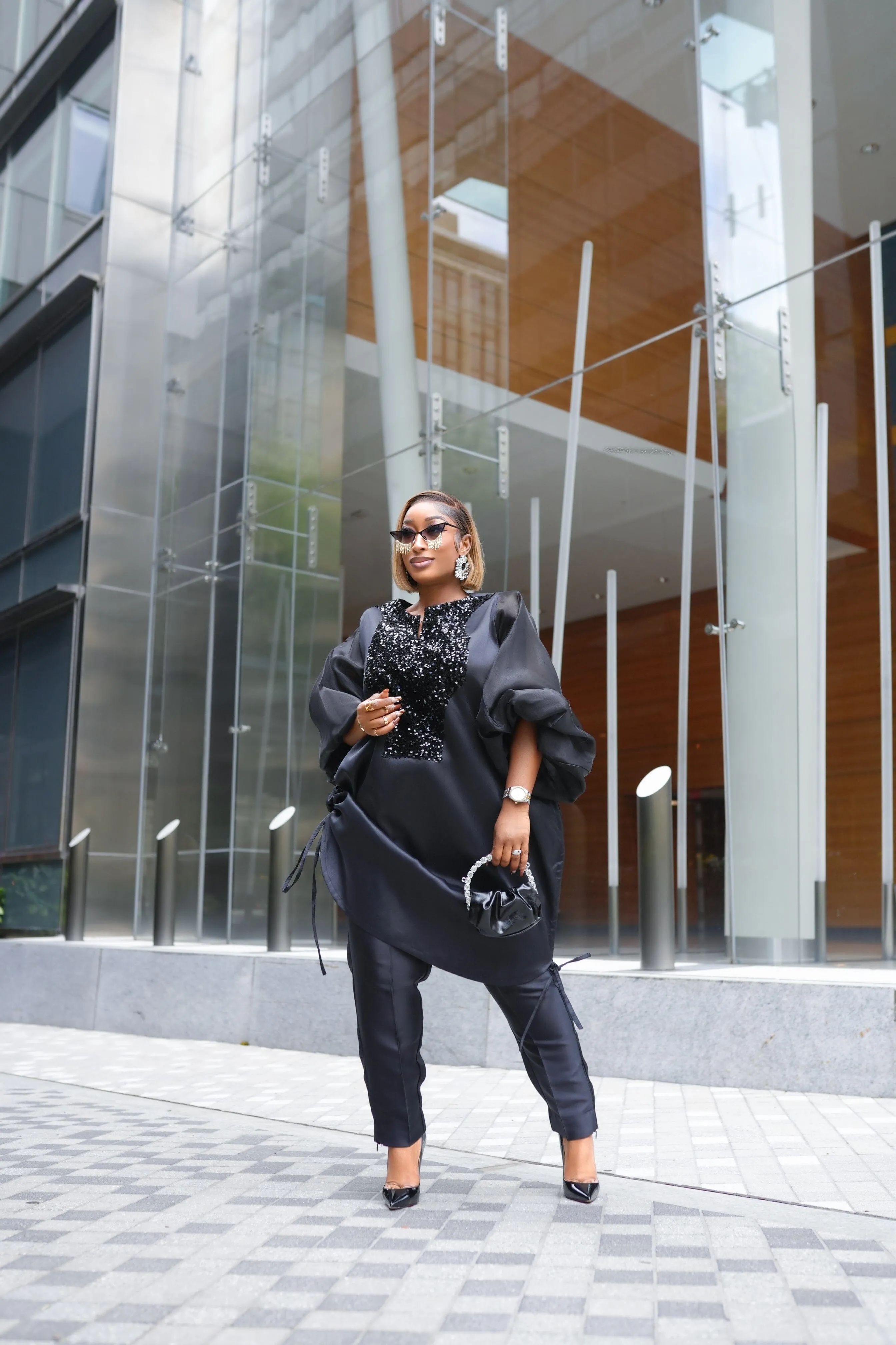 Boss Tunic Top and Pant set with sequin and bubble sleeves (Black)