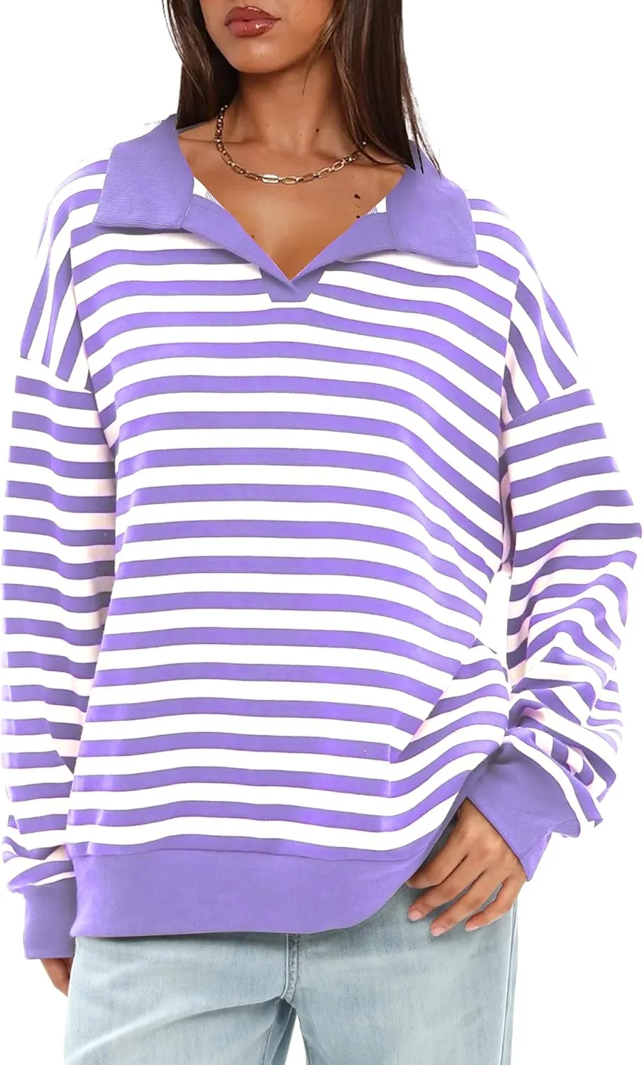 Darong Womens Oversized Contrast Striped Long Sleeve Collared Sweatshirts Casual Cotton Pullover Sweatshirt Fall Cloth