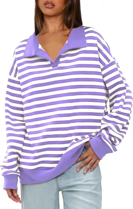 Darong Womens Oversized Contrast Striped Long Sleeve Collared Sweatshirts Casual Cotton Pullover Sweatshirt Fall Cloth