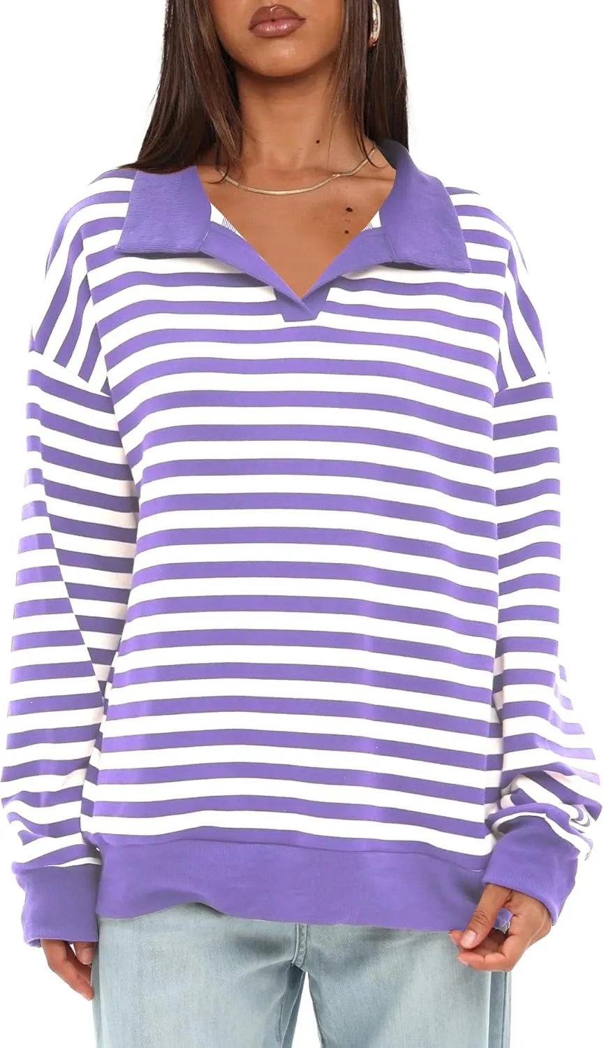 Darong Womens Oversized Contrast Striped Long Sleeve Collared Sweatshirts Casual Cotton Pullover Sweatshirt Fall Cloth