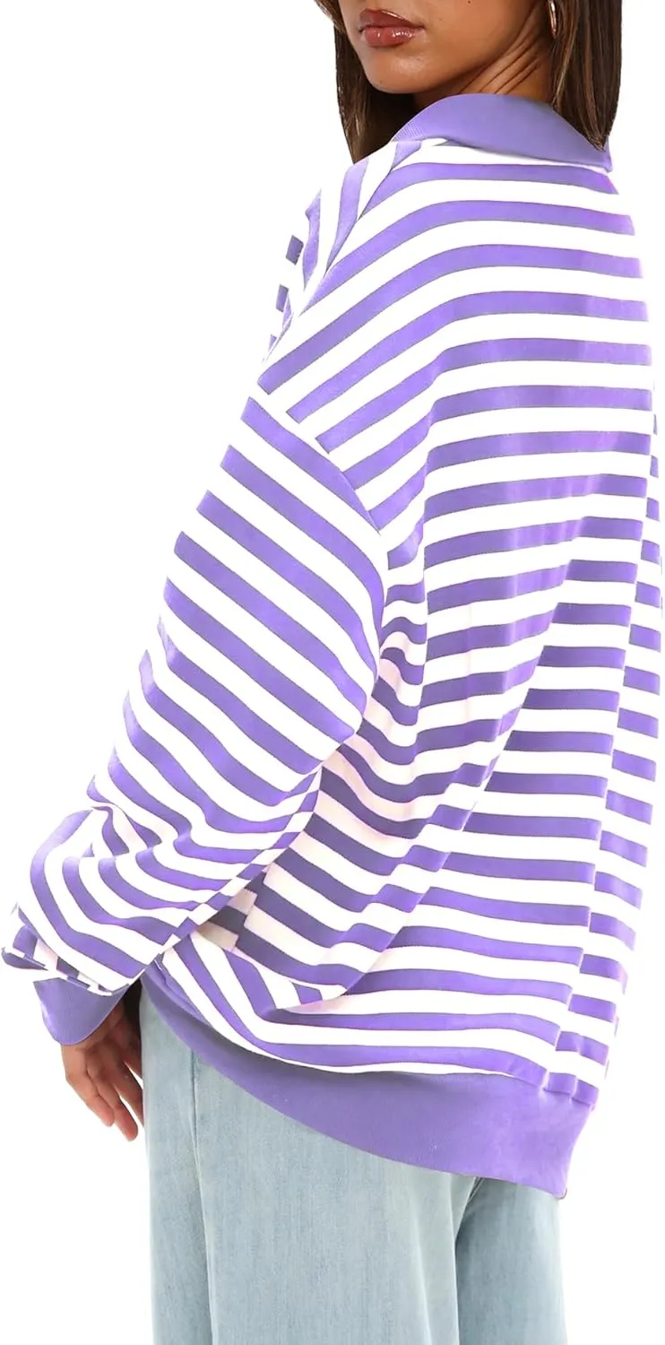 Darong Womens Oversized Contrast Striped Long Sleeve Collared Sweatshirts Casual Cotton Pullover Sweatshirt Fall Cloth