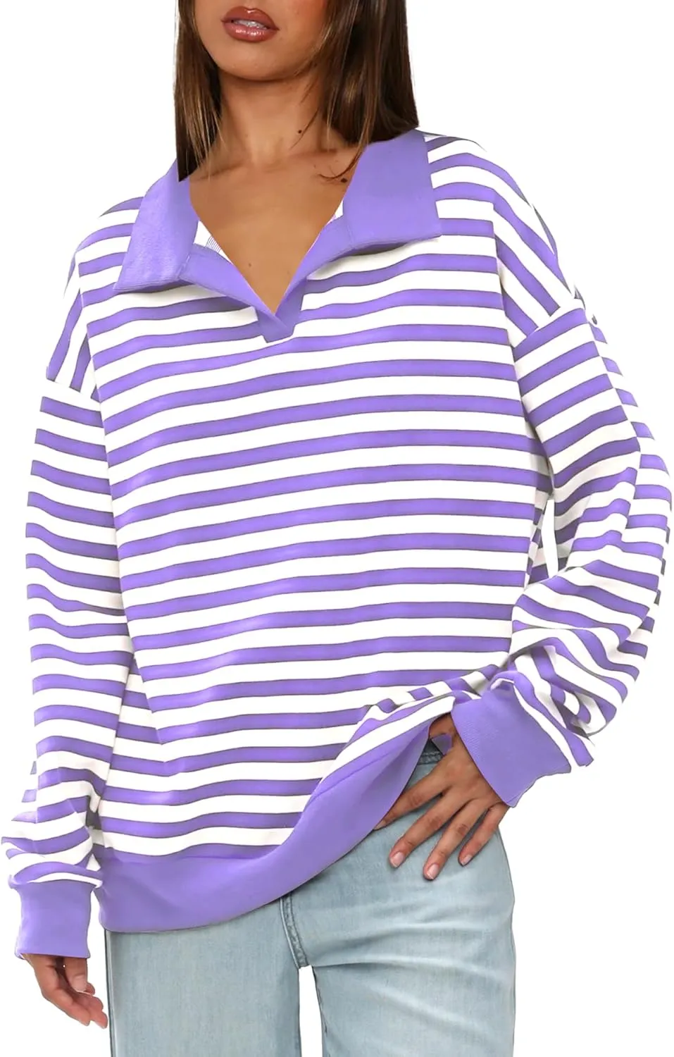 Darong Womens Oversized Contrast Striped Long Sleeve Collared Sweatshirts Casual Cotton Pullover Sweatshirt Fall Cloth
