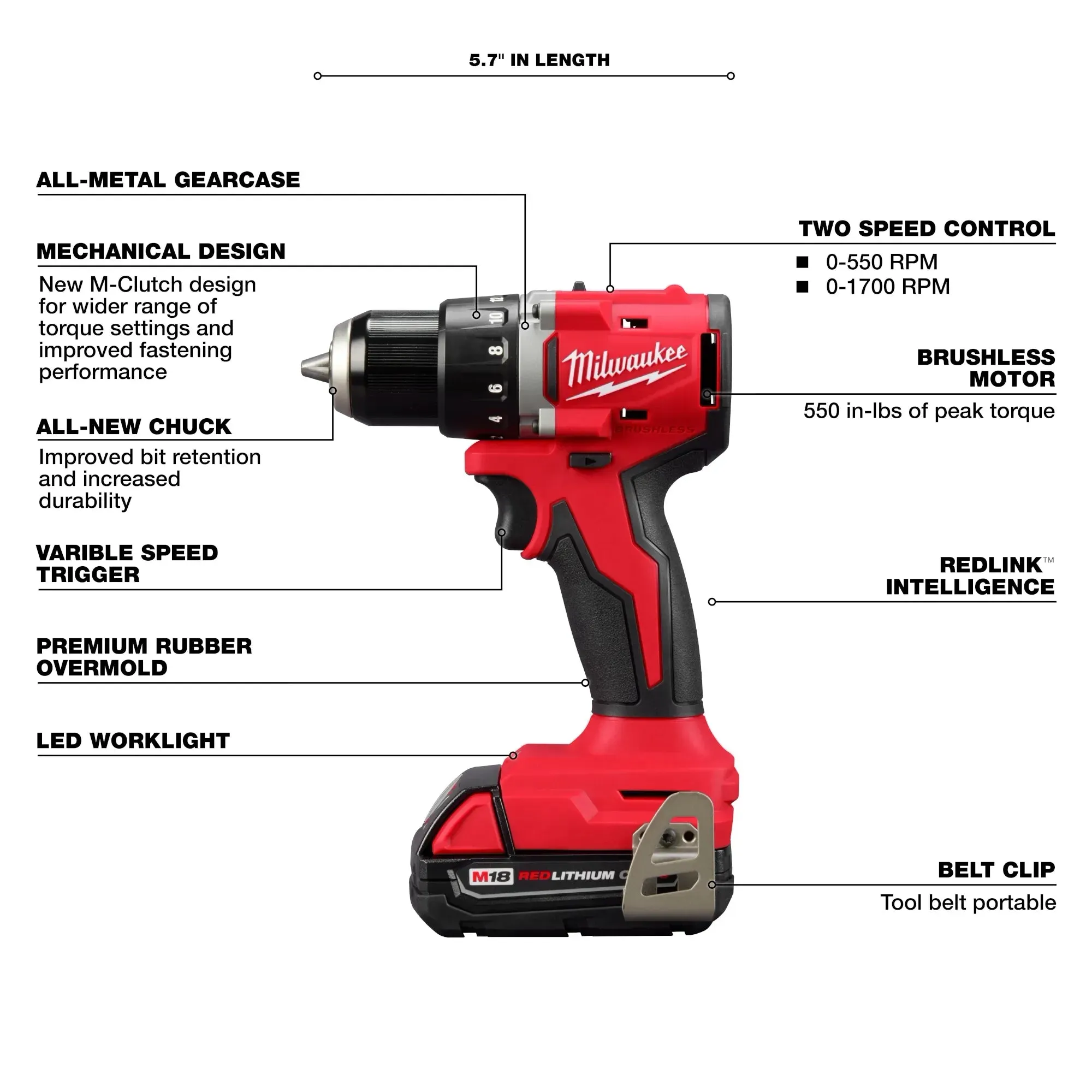 Drill/Driver - Milwaukee M18™ Compact Brushless 1/2" Drill/Driver Kit, 3601-22CT