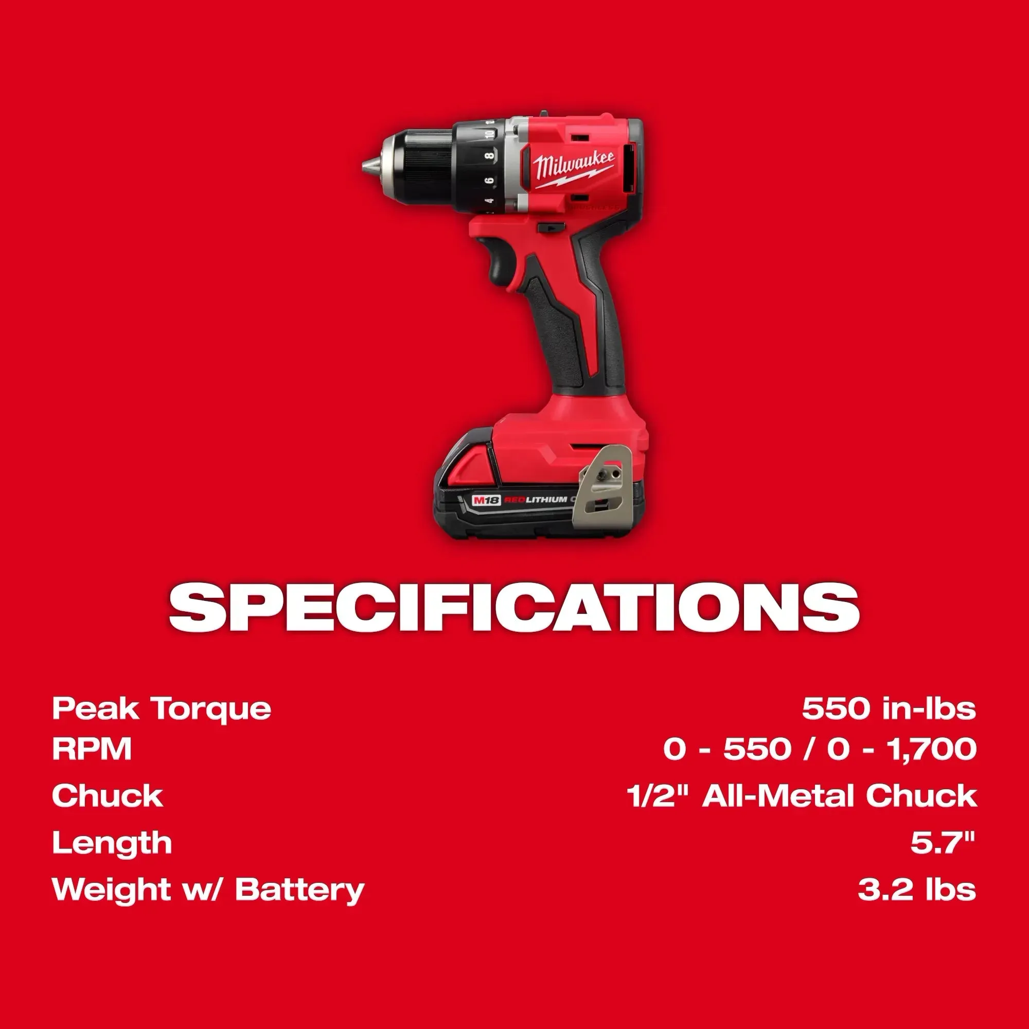 Drill/Driver - Milwaukee M18™ Compact Brushless 1/2" Drill/Driver Kit, 3601-22CT
