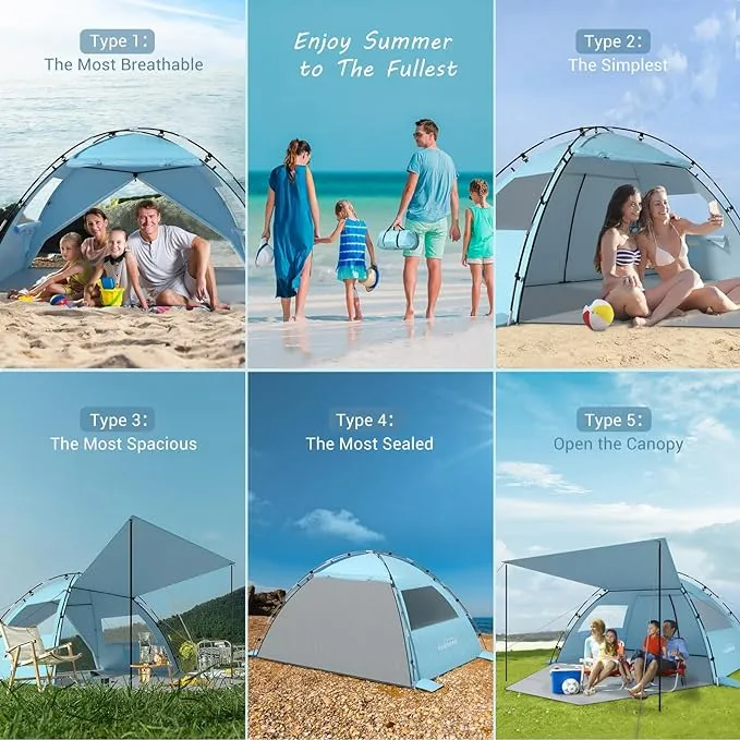 Elegear Beach Tent with 360° Removable Canopy, 4-6 Person Pop Up Sun Shade Shelter