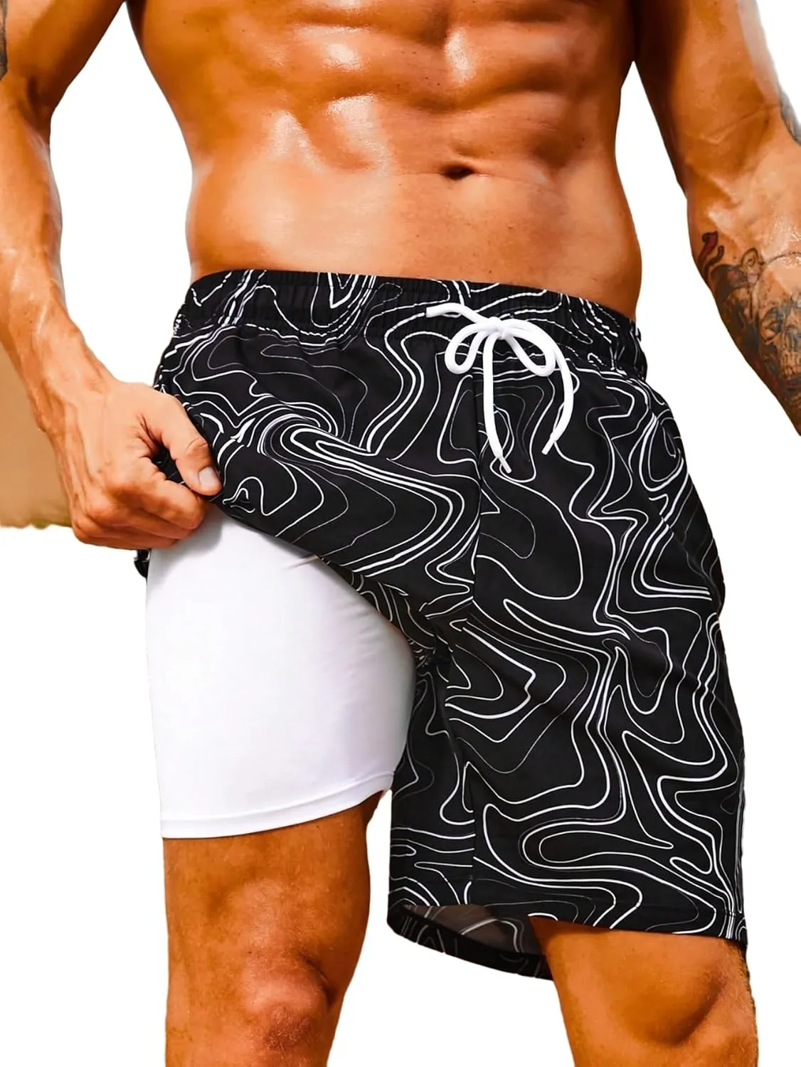 Floerns Men's Swim Trunks with Compression Quick Dry Shorts Swim Board Shorts