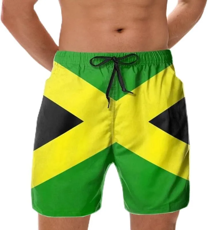 Jamaican Flag Swim Trunks Mens Beach Shorts Quick Dry Board Shorts with Mesh Lining Pockets