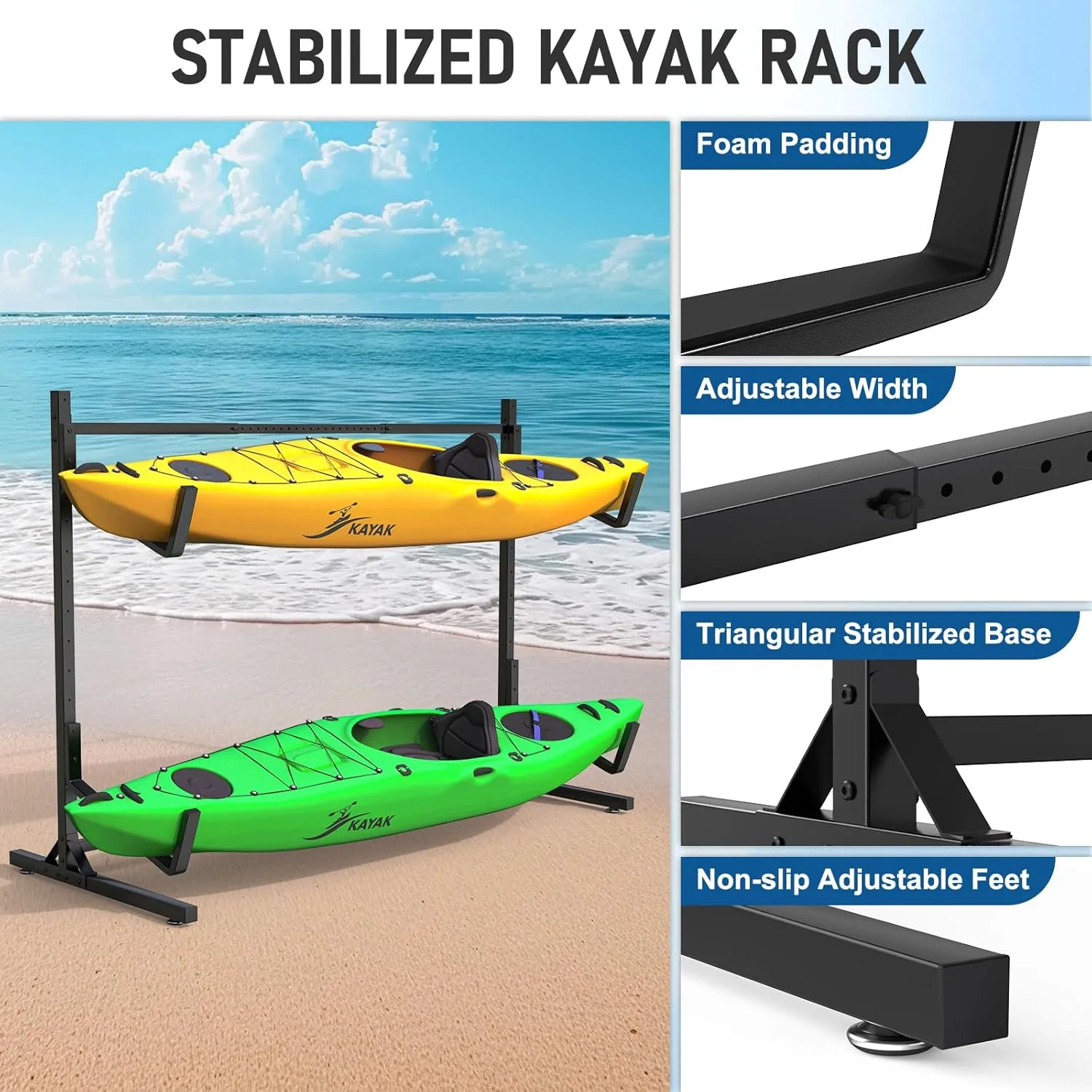 Kayak Rack for Outdoor Storage, Kayak Storage Rack, Adjustable Freestanding Kayak Rack Stand Holder for Paddleboard Surfboard for Indoor, Outdoor