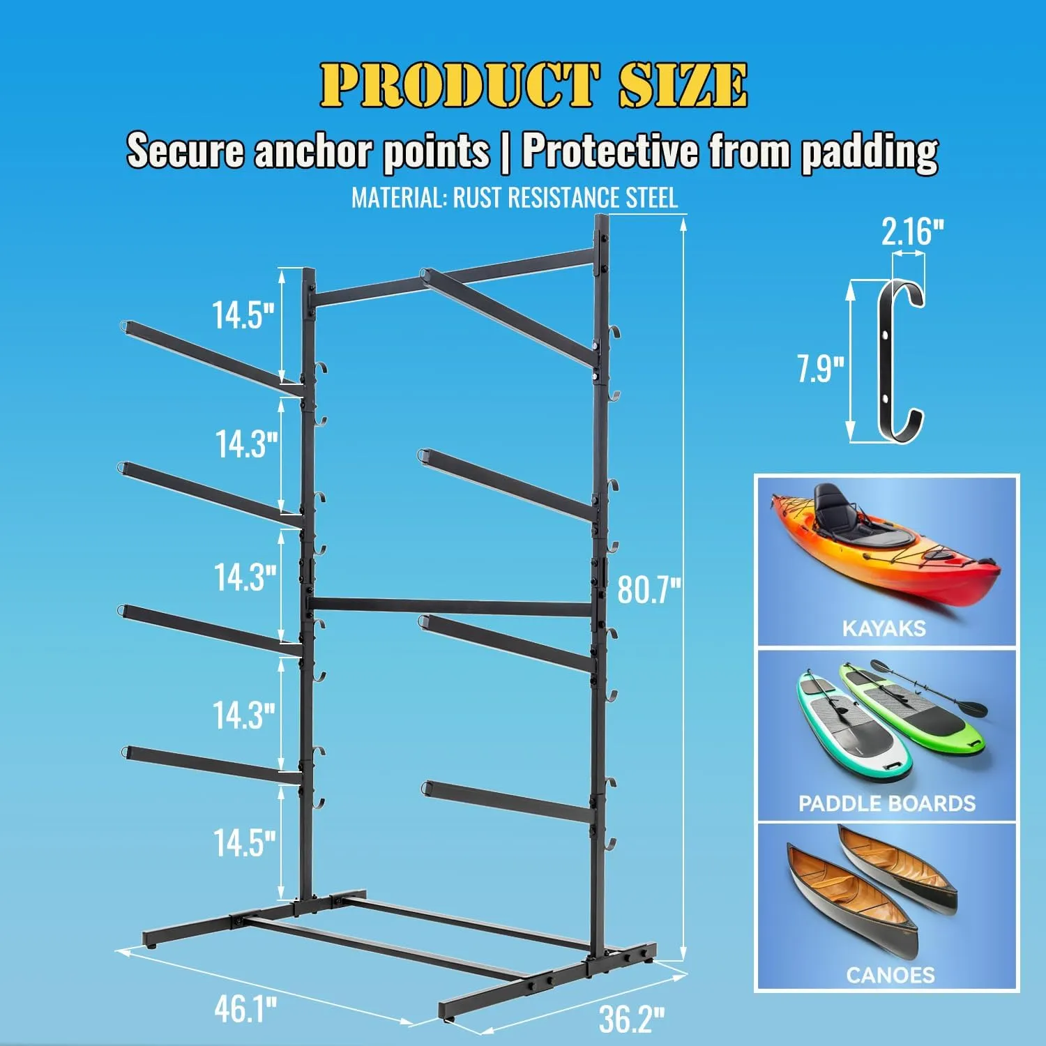 Kayak Storage Rack, Heavy Duty Kayak Racks for Garage and Outdoor Storage, Storage Rack for Kayak, Canoe, Surfboard & Paddleboard.