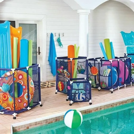 Modern Blue Pool Storage Bin - Extra Large | Perfect Contemporary Nylon Mesh Basket Organizer For Goggles, Beach Balls, Floats, Swim Toys & Accessories | Air Dry Items Quickly & Easily