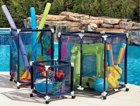 Modern Blue Pool Storage Bin - Extra Large | Perfect Contemporary Nylon Mesh Basket Organizer For Goggles, Beach Balls, Floats, Swim Toys & Accessories | Air Dry Items Quickly & Easily