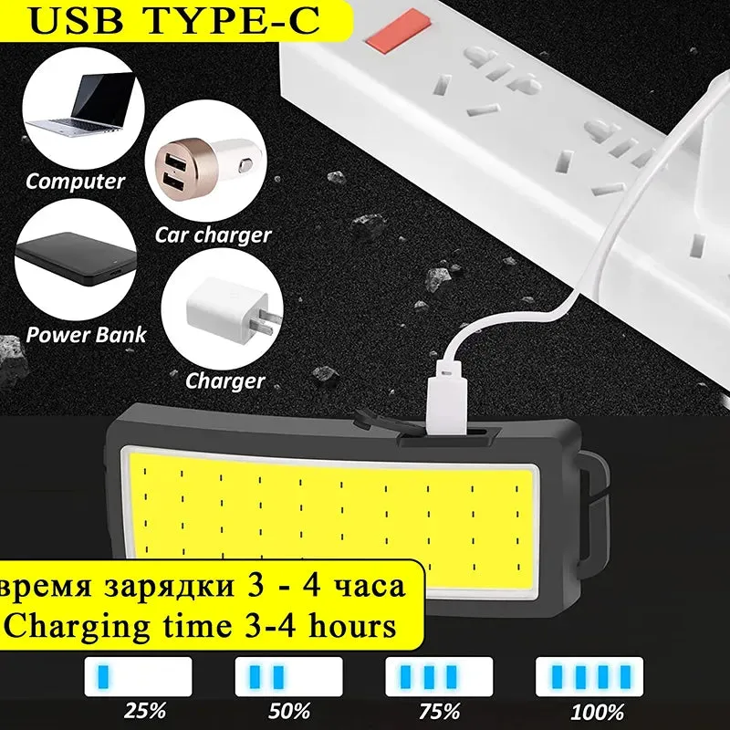 New Upgrade Portable LED Head Lamp Built-in 1200mah Battery COB Headlight USB-C Rechargeable Waterproof Torch Camping Flashlight