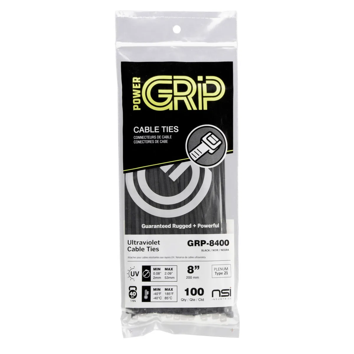 NSI PowerGRP 8”, Black General Purpose 40lb Cable Ties, 100 Pack (8", Black)