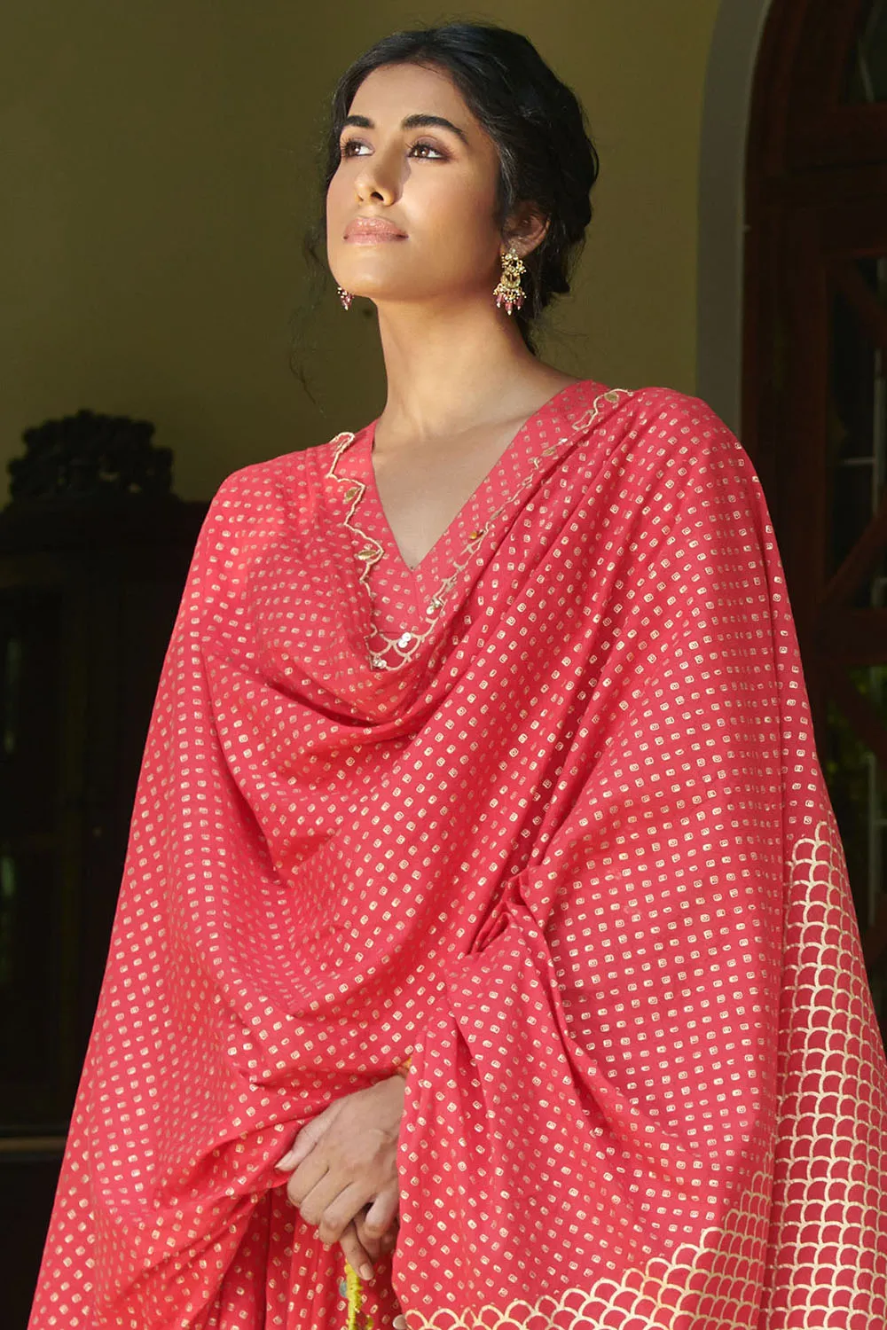 Printed Kalidar Anarkali Set In Strawberry