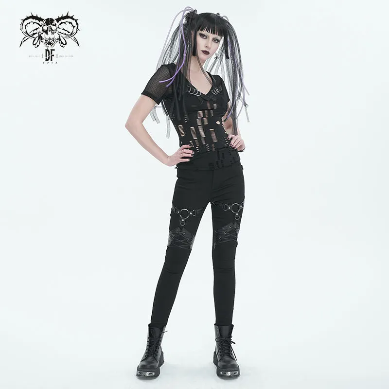 PT214 Punk Twill decorative Faux Leather Leg Loop Trousers
