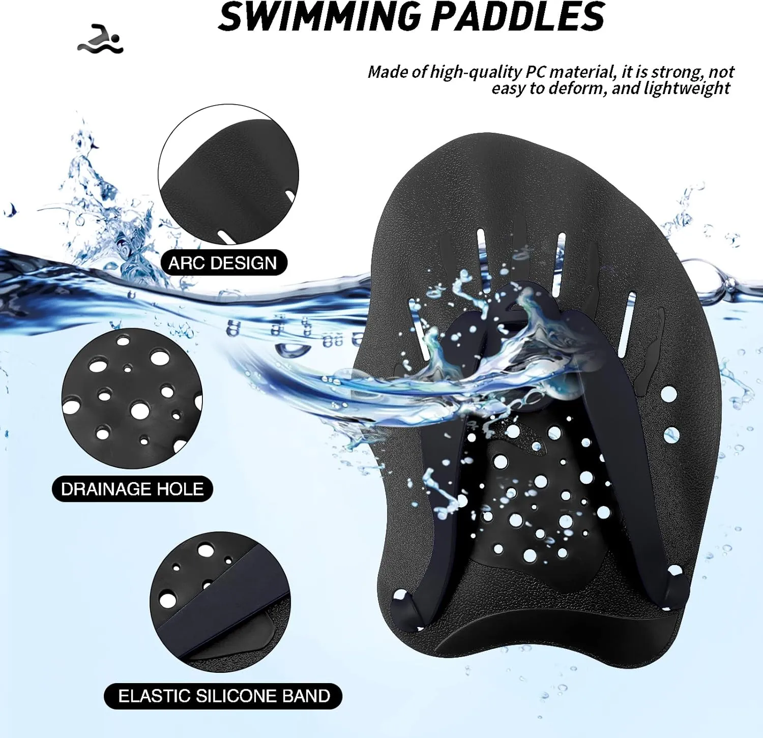 Swim Paddles With Adjustable Straps - Hand Paddles for Lap Swimming, Equipment for Women, Men, Children (1 Pair)