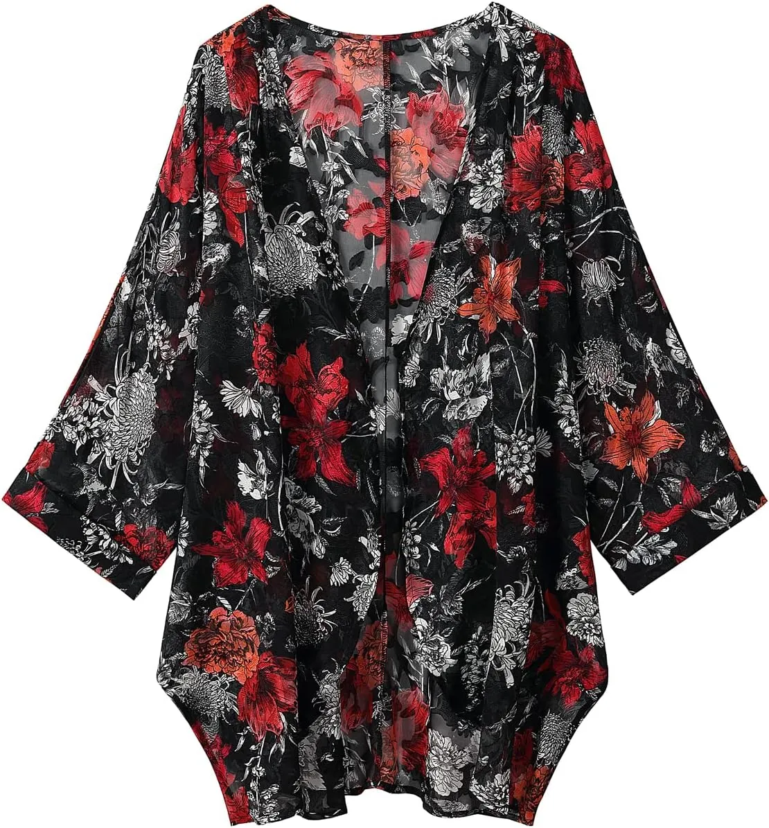 Tribear Women Chiffon Kimono Cardigan Floral Printed Bat Sleeve Casual Capes Beach Cover up