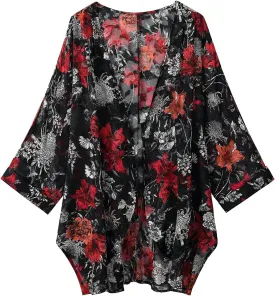 Tribear Women Chiffon Kimono Cardigan Floral Printed Bat Sleeve Casual Capes Beach Cover up