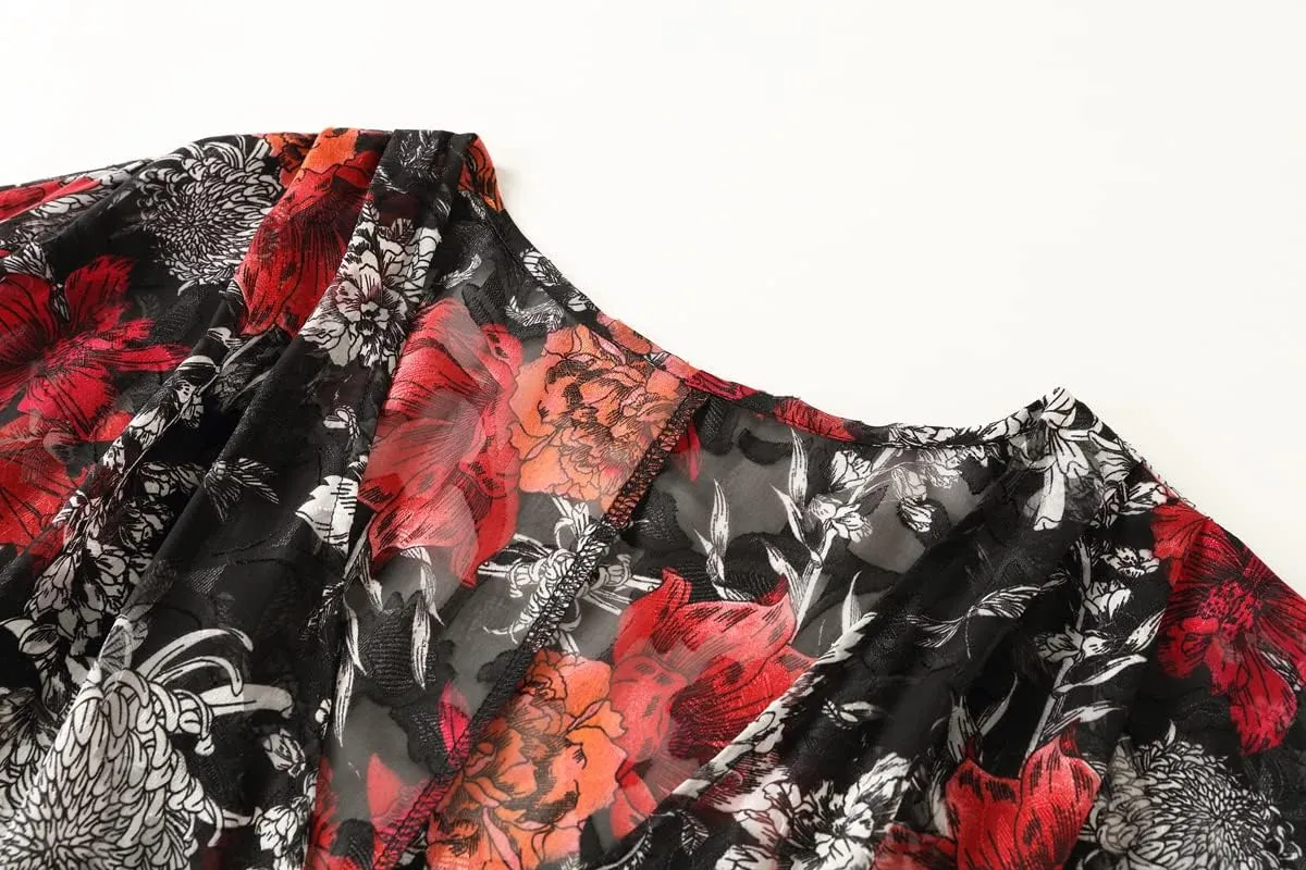 Tribear Women Chiffon Kimono Cardigan Floral Printed Bat Sleeve Casual Capes Beach Cover up