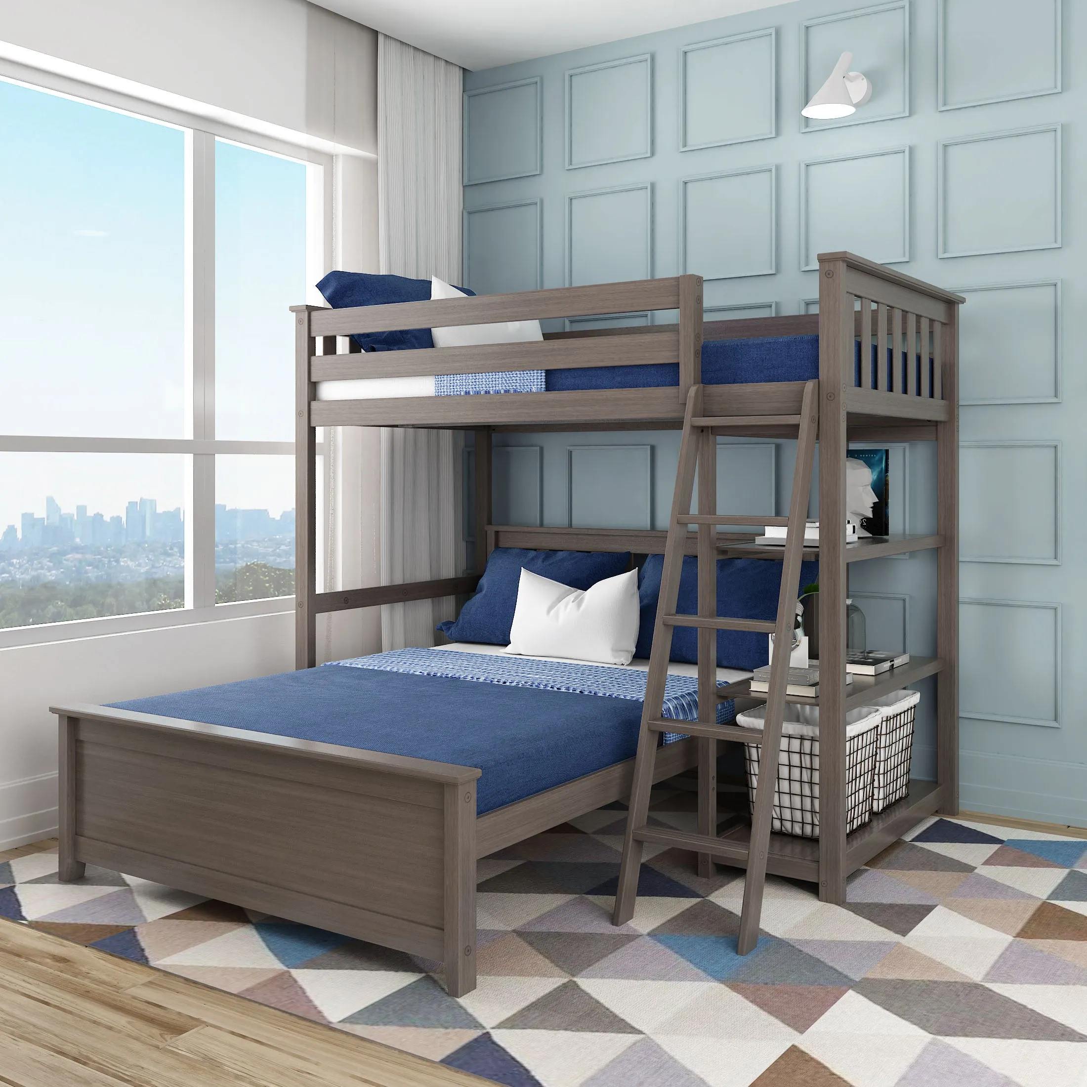 Twin Over Full L-Shaped Bunk Bed With Bookcase
