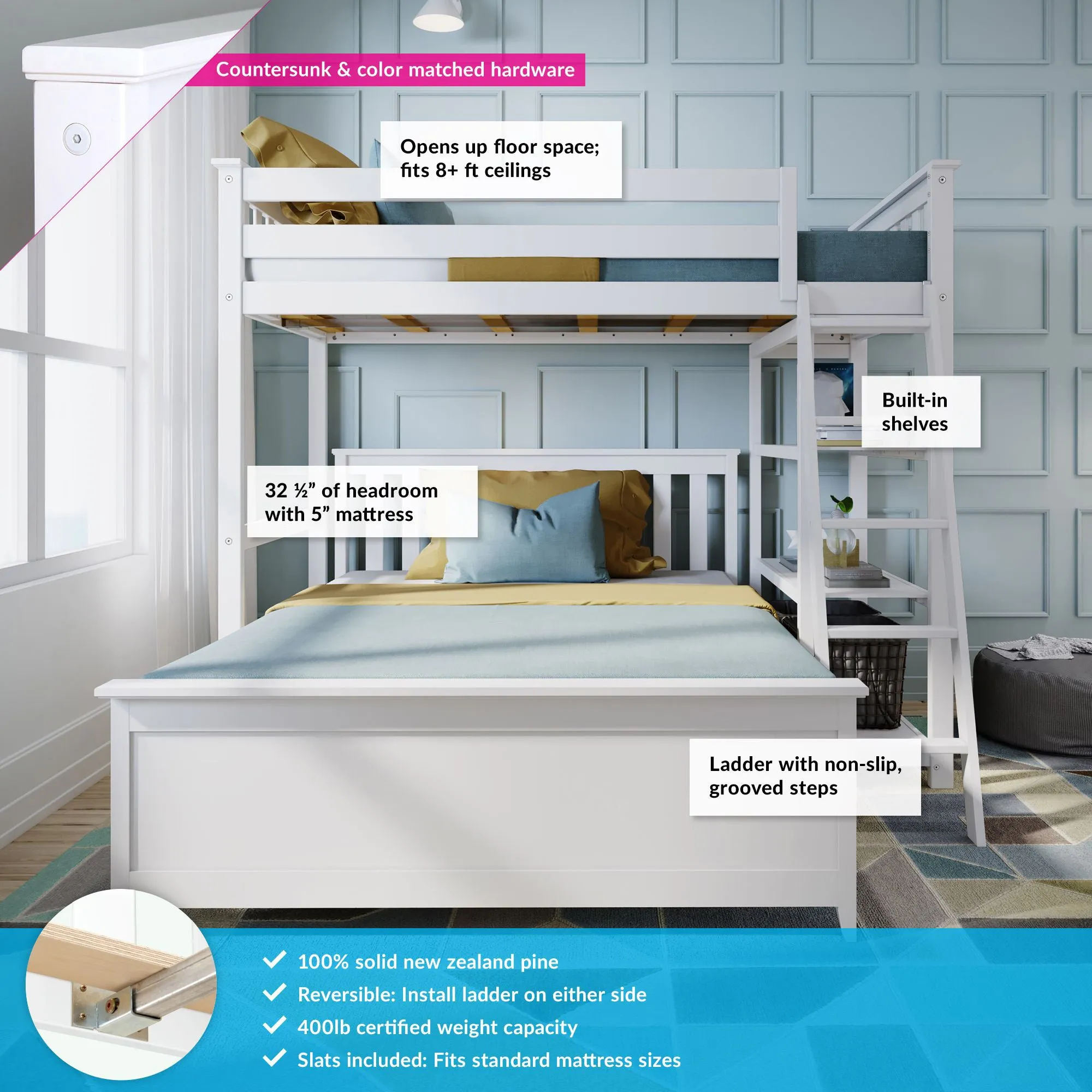 Twin Over Full L-Shaped Bunk Bed With Bookcase