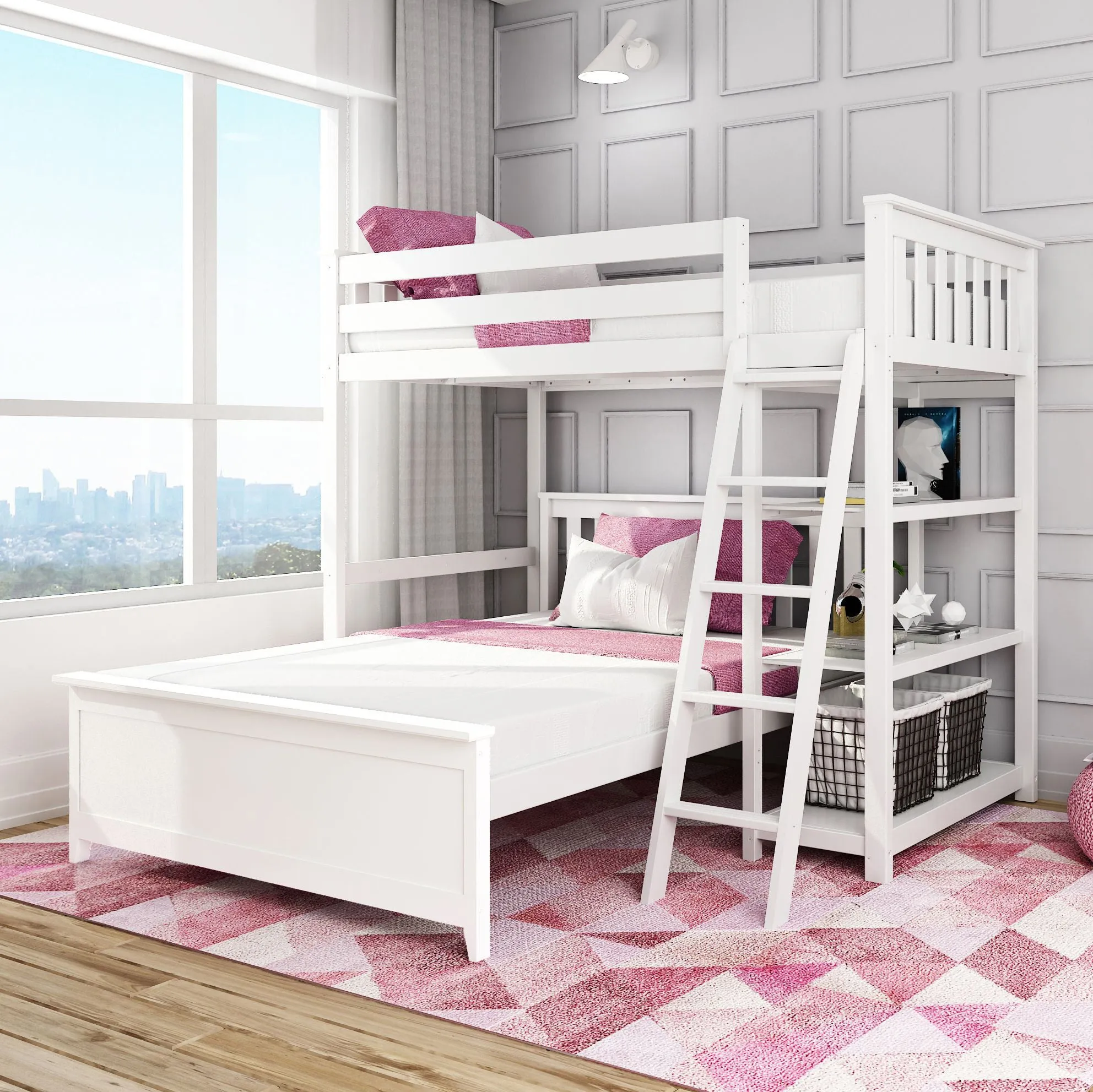 Twin Over Full L-Shaped Bunk Bed With Bookcase