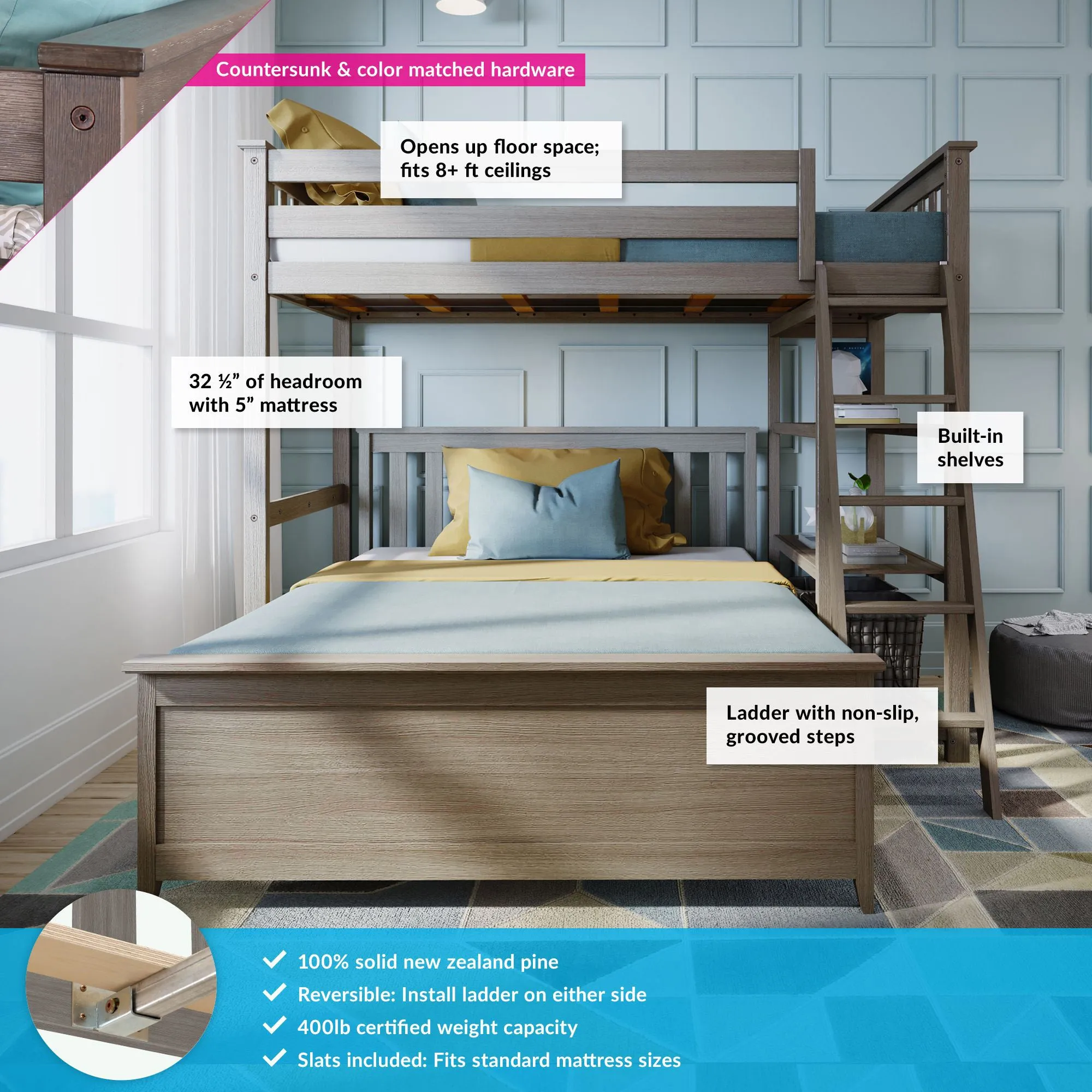 Twin Over Full L-Shaped Bunk Bed With Bookcase