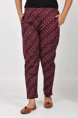 Wine Bandhani Lycra Stretch Pants