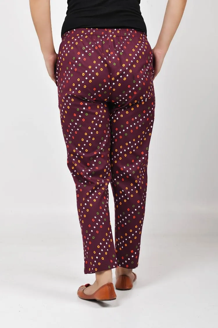 Wine Bandhani Lycra Stretch Pants