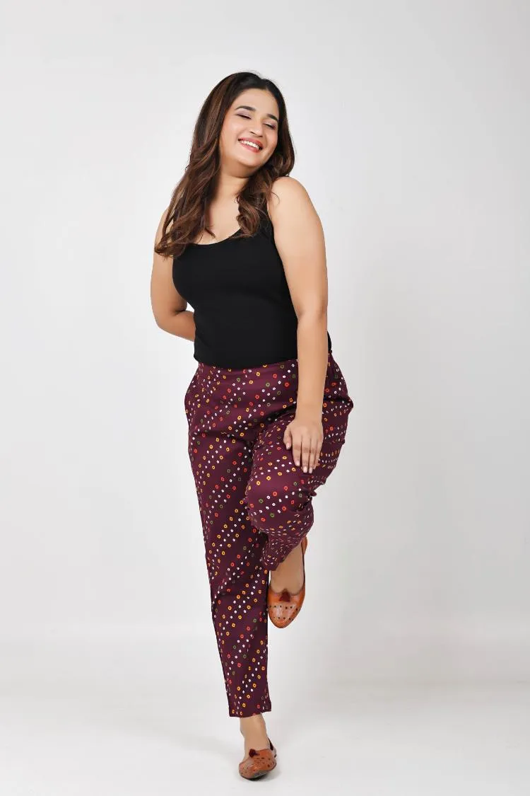 Wine Bandhani Lycra Stretch Pants