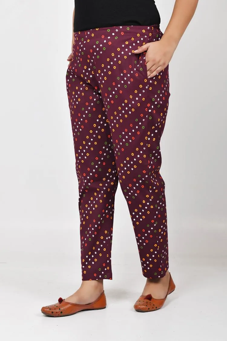 Wine Bandhani Lycra Stretch Pants