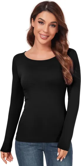 Women's Scoop Neck Tops Long Sleeve Slim Fit T Shirt Thermal Blouse Basic Layer Shirts
