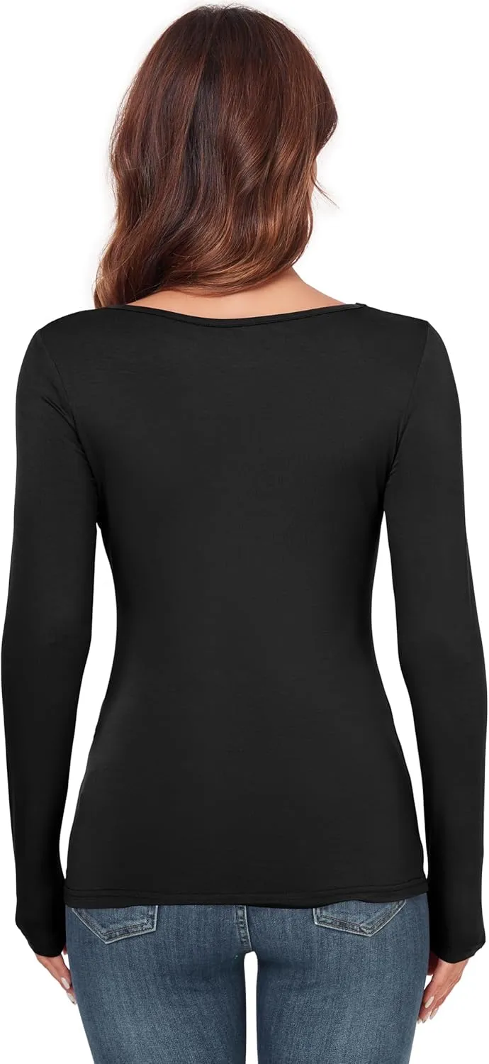 Women's Scoop Neck Tops Long Sleeve Slim Fit T Shirt Thermal Blouse Basic Layer Shirts
