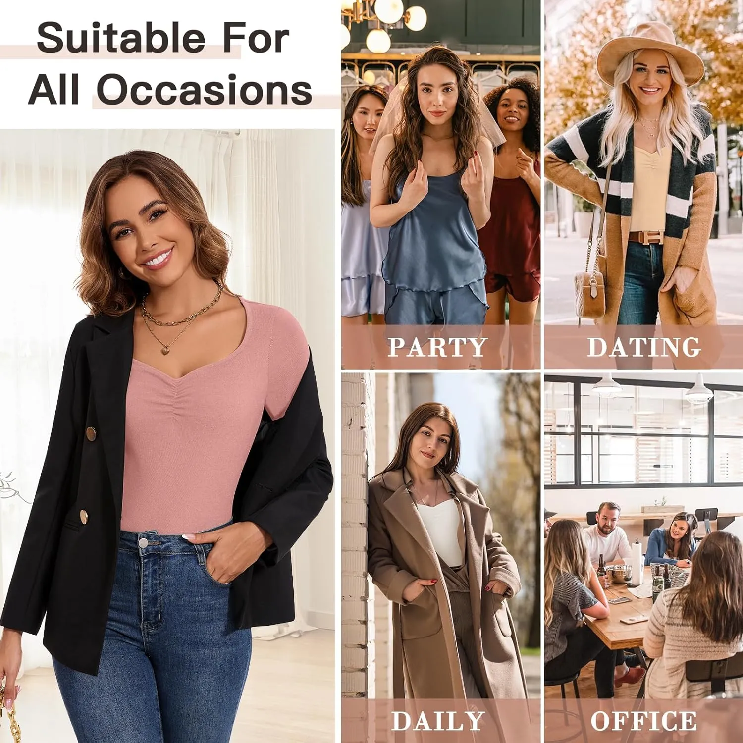 WOWENY Women Thermal Long Sleeve Shirt Fleece Lined Undershirts Basic Fitted Tops Ruched Sweetheart Neck Winter Base Layer