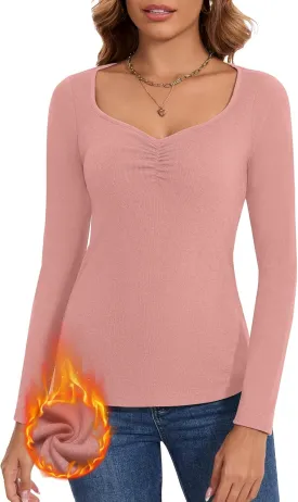 WOWENY Women Thermal Long Sleeve Shirt Fleece Lined Undershirts Basic Fitted Tops Ruched Sweetheart Neck Winter Base Layer