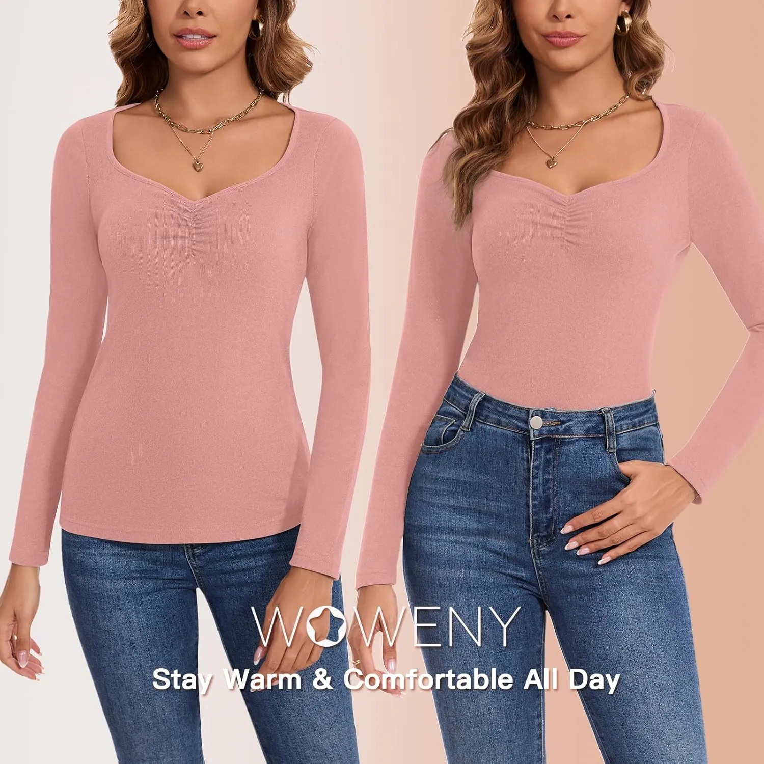 WOWENY Women Thermal Long Sleeve Shirt Fleece Lined Undershirts Basic Fitted Tops Ruched Sweetheart Neck Winter Base Layer