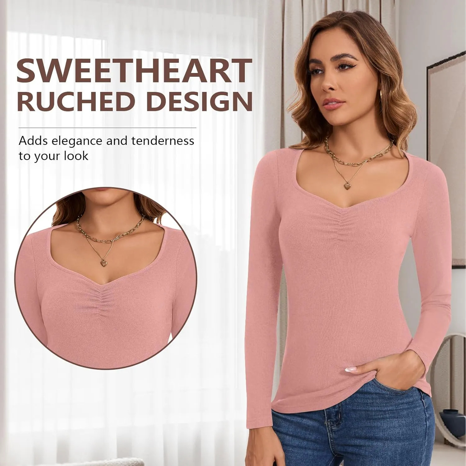 WOWENY Women Thermal Long Sleeve Shirt Fleece Lined Undershirts Basic Fitted Tops Ruched Sweetheart Neck Winter Base Layer